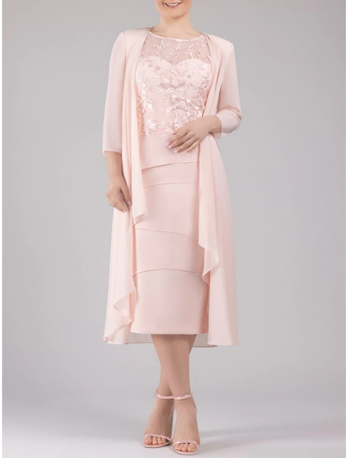 Sheath Petite Scoop Neck Tea Length  Wedding Guest  Chiffon 3/4 Length Sleeve Tiered  Mother of the Bride Dress