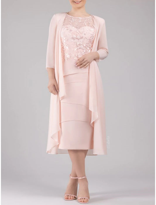 Sheath/Column Mother of the Bride Dress Wedding Guest Petite Scoop Neck Tea Length Chiffon 3/4 Length Sleeve with Lace Tiered