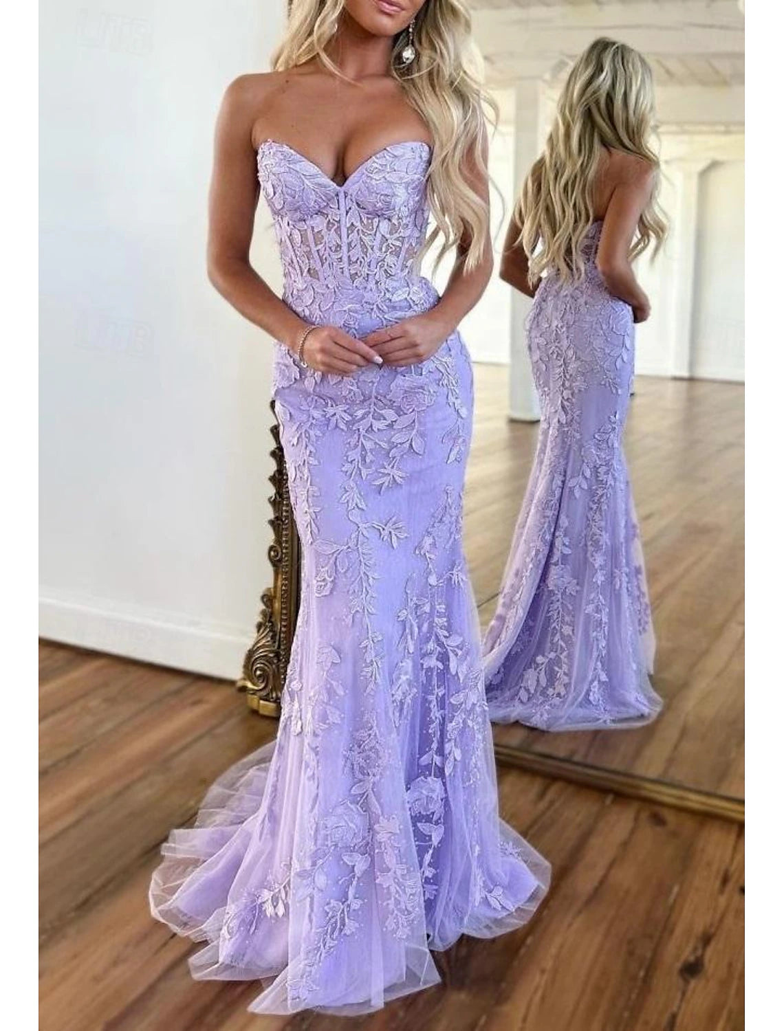 Strapless Sheath Mermaid Prom Dresses Elegant Dress Sweep / Brush Train Dress With Lace Appliques