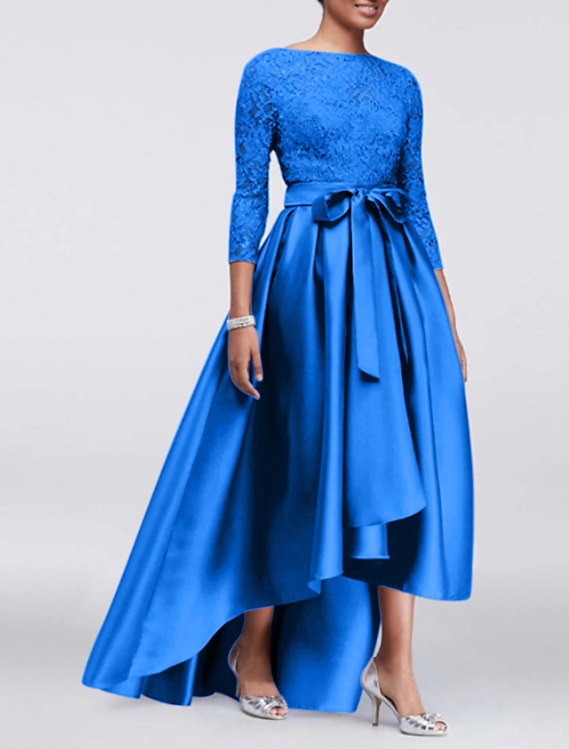 A-Line Wedding Guest Dress Plus Size Satin Lace 3/4 Length Sleeve Mother of the Bride Dress High Low Jewel Neck Asymmetrical Dress  with Sash / Ribbon Appliques