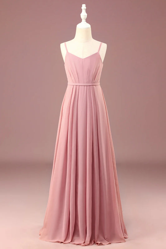 A-line Chiffon Spaghetti Straps Long Pleated  Bridesmaid Dress