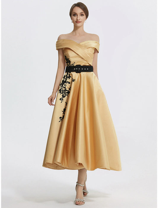 A-Line Cocktail Dresses Elegant Dress Formal Prom Tea Length Sleeveless Off Shoulder Satin with Appliques