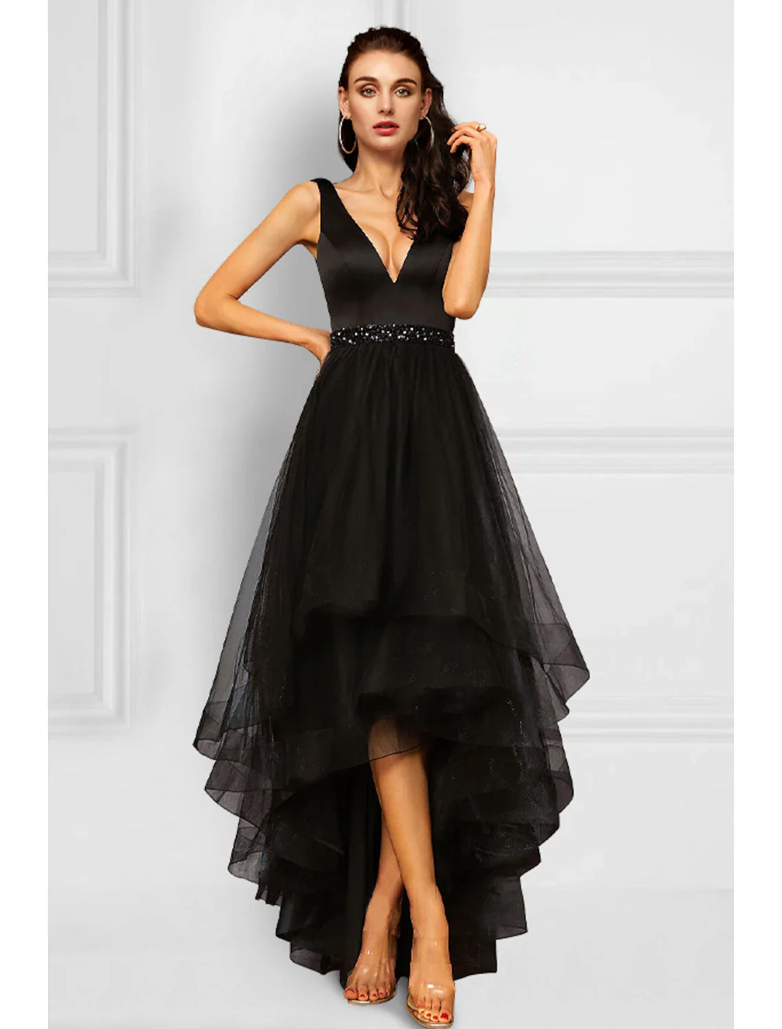 A-Line Cocktail Dresses Elegant Dress Party Wear Wedding Party Asymmetrical Sleeveless V Neck Organza with Rhinestone Ruffles