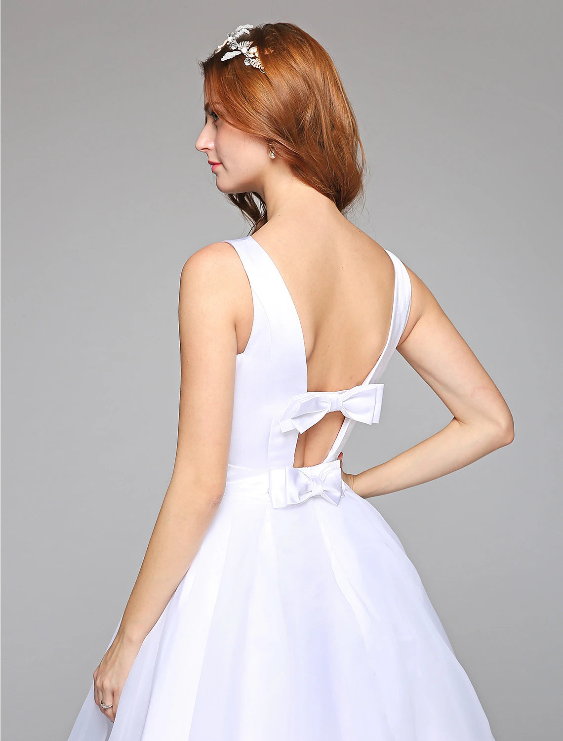 Wedding Dresses A-Line Bateau Neck Regular Straps Knee Length Satin Bridal Gowns With Bowknot Sash / Ribbon