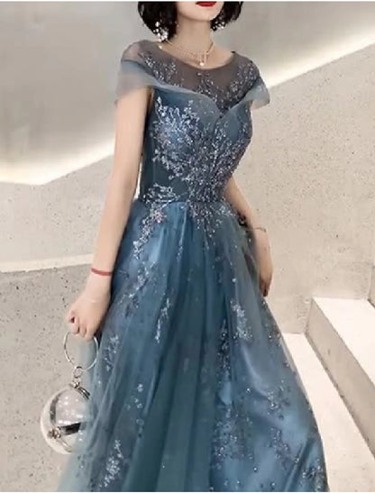 A-Line  Jewel Neck Floor Length Wedding Guest Tulle Short Sleeve Mother of the Bride Dress with Pleats Appliques