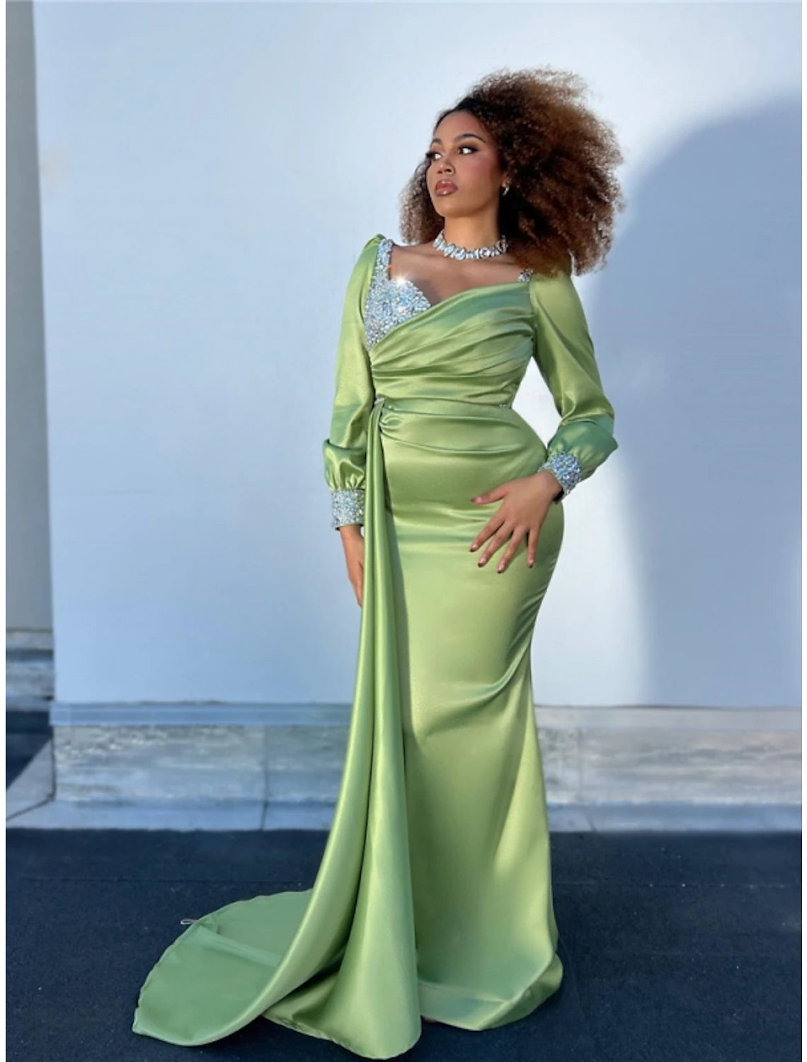 A-Line Evening Gown Elegant Dress Formal Fall Court Train Long Sleeve Square Neck Satin with Glitter Ruched