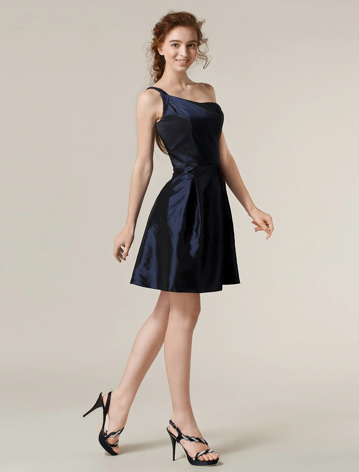 A-Line / Princess One Shoulder Short / Mini Taffeta Bridesmaid Dress with Pleats Solid Color