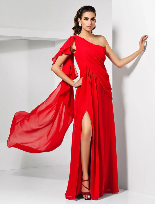 Sheath / Column Empire Wedding Guest Formal Evening Dress One Shoulder Sleeveless Floor Length Chiffon with Draping Slit