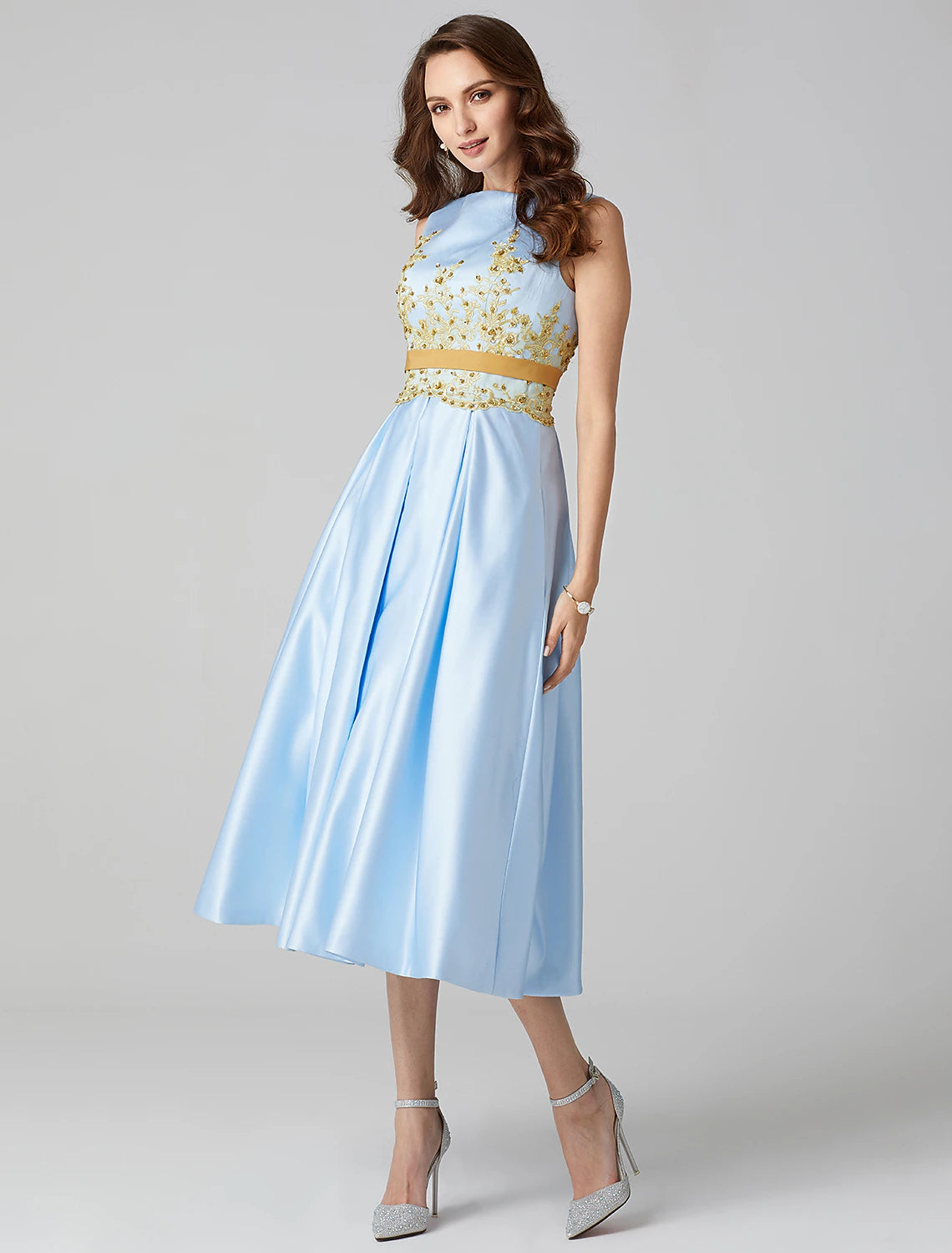 A-Line Cocktail Dresses Elegant Dress Wedding Guest Prom Tea Length Sleeveless Jewel Neck Satin V Back with Pleats Appliques