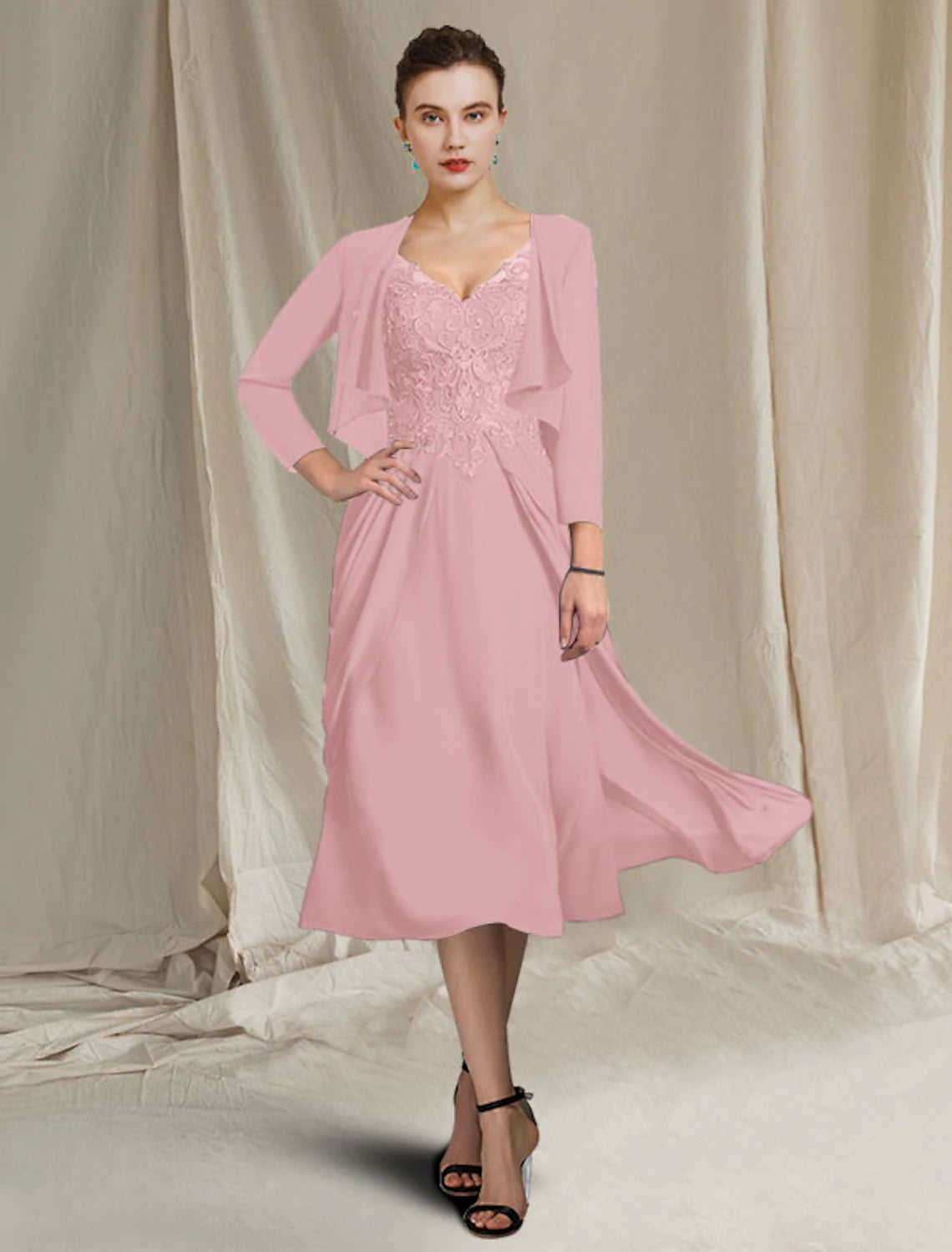 A-Line Mother of the Bride Dress Elegant Plus Size V Neck Tea Length Chiffon Lace Short Sleeve Wrap Included with Appliques