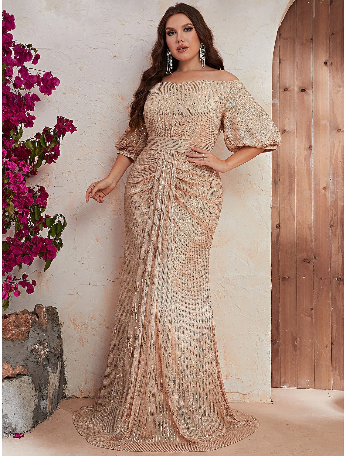 A-Line Wedding Guest Dresses Sparkle Plus Size Dress Sequin Formal Evening Party Dress Floor Length Long Sleeve Off Shoulder