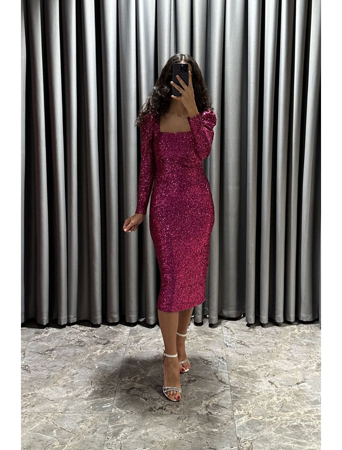 Sheath / Column Evening Gown Elegant Black Dress Formal Fall Tea Length Long Sleeve Square Neck Sequined with Glitter Slit