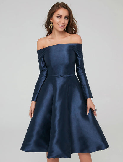 A-Line Special Occasion Dresses Elegant Dress Wedding Guest Cocktail Party Knee Length Long Sleeve Off Shoulder Satin with Pleats