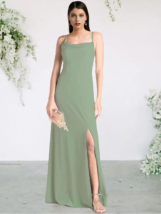 Sheath / Column Bridesmaid Dress Spaghetti Strap Sleeveless Sexy Floor Length Chiffon with Split Front