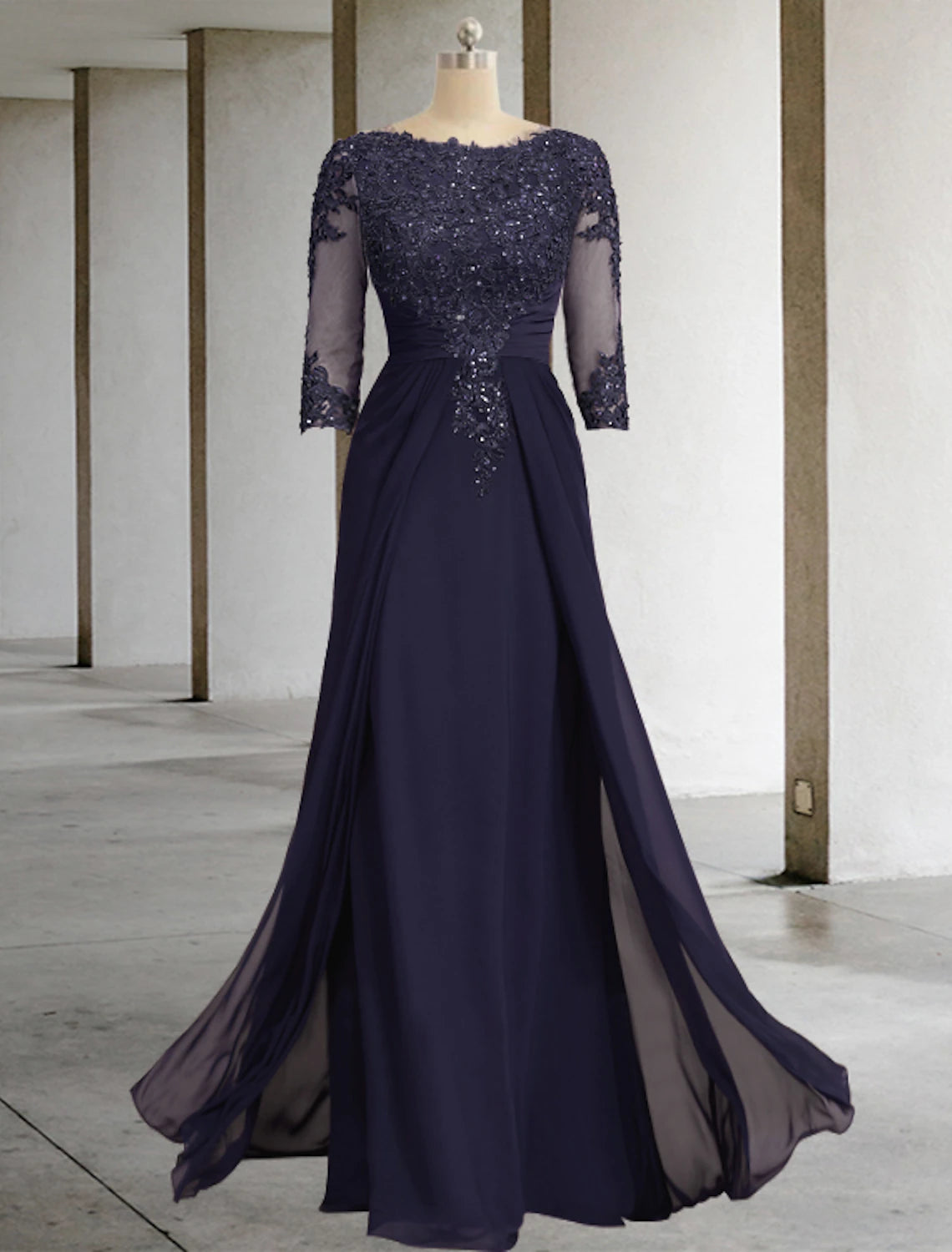 Sheath / Column Mother of the Bride Dress With Overskirts Formal Wedding Guest Elegant Sequin Scoop Neck Floor Length Chiffon Lace 3/4 Sleeve with Appliques Sparkle & Shine