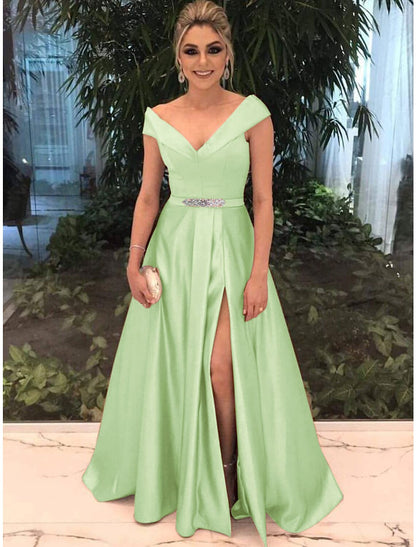 A-Line Evening Gown Elegant Dress Valentine's Day Prom Sweep / Brush Train Short Sleeve Off Shoulder Satin with Slit Front