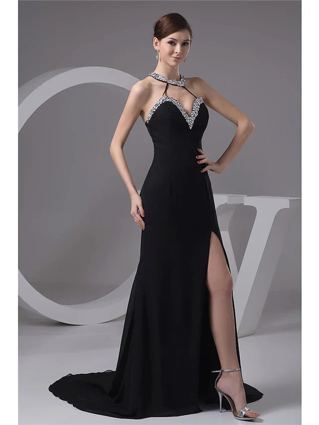 Mermaid / Trumpet Evening Gown Sexy Dress Engagement Court Train Sleeveless Halter Chiffon with Beading Slit