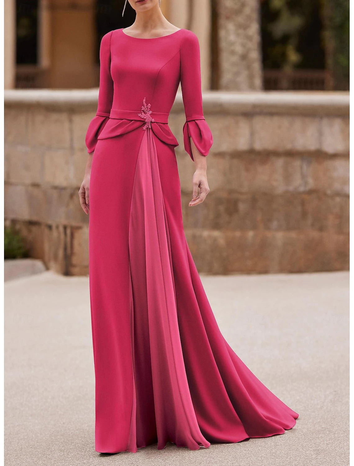 Sheath Mermaid Floor Length Chiffon Crepe 3/4 Length Sleeve Mother of the Bride Dress  with Crystal
