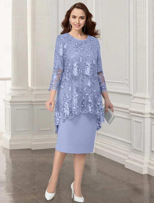 Two Piece Sheath / Column Mother of the Bride Dress Wedding Guest Elegant Jewel Neck Tea Length Chiffon Lace Sleeveless Jacket Dresses with Appliques