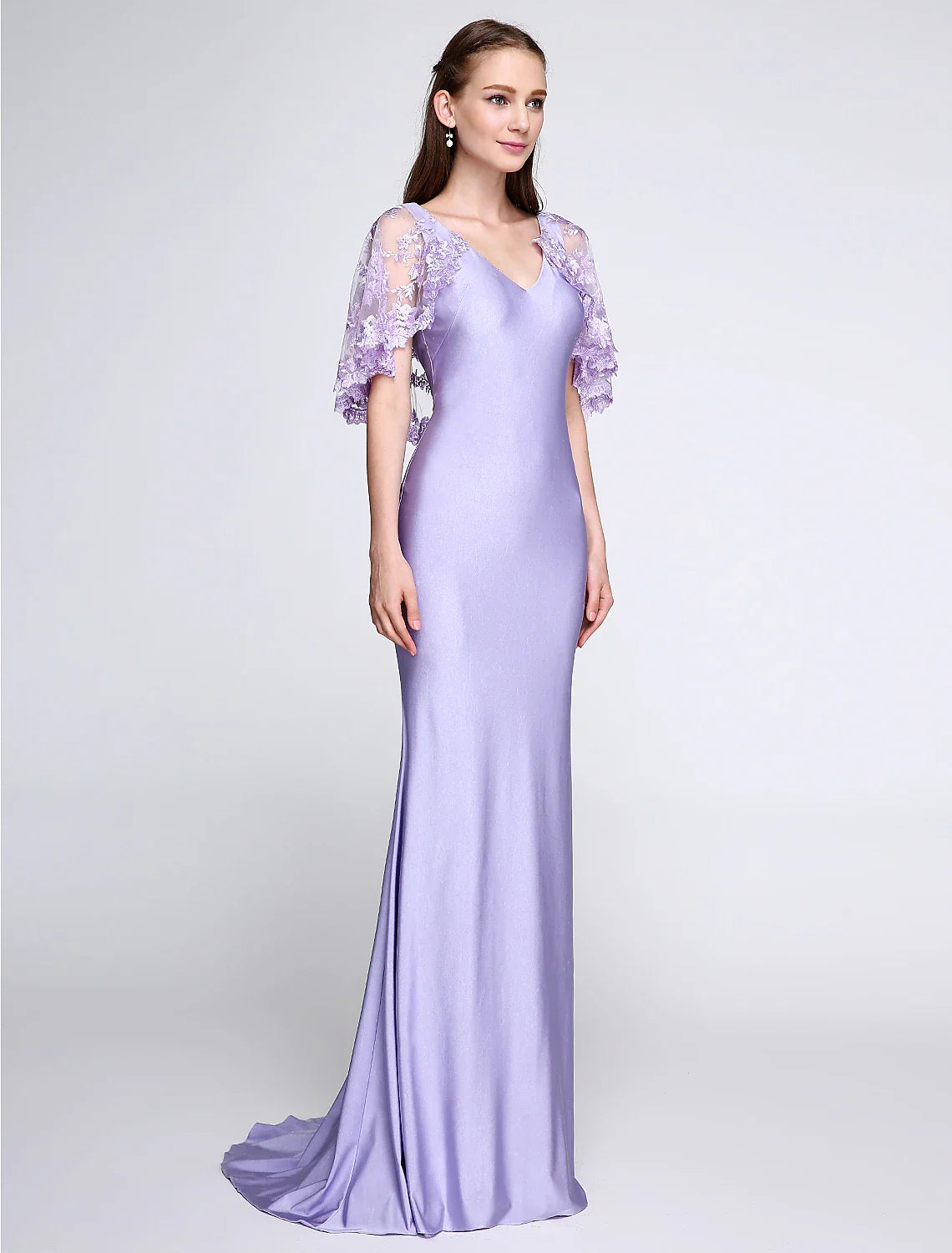 Solid Color Mermaid / Trumpet Bridesmaid Dress V Neck Sleeveless Wrap Included Sweep / Brush Train Jersey with Lace