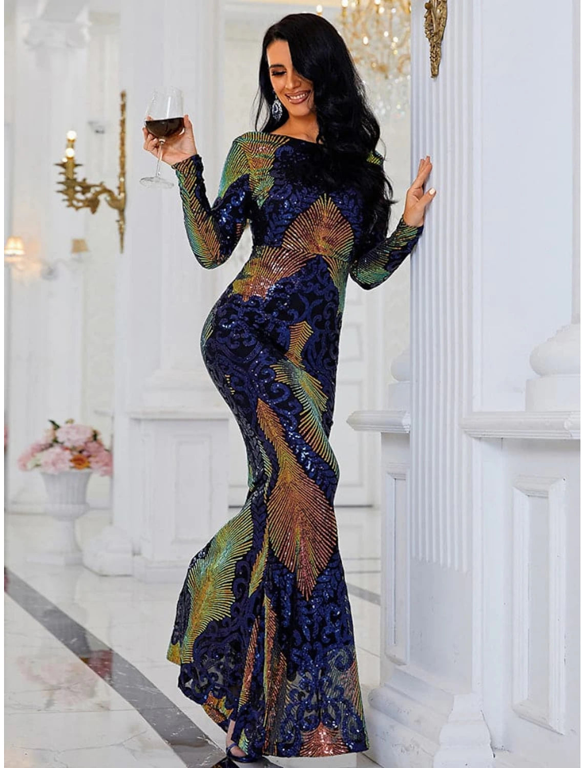 Mermaid / Trumpet Evening Gown Elegant Dress Formal Sweep / Brush Train Long Sleeve Scoop Neck Sequined with Glitter Pleats