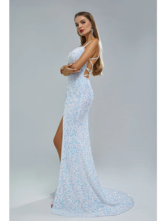 Mermaid / Trumpet Evening Gown Elegant Dress Party Wear Court Train Sleeveless Spaghetti Strap Lace Crisscross Back with Sequin Slit