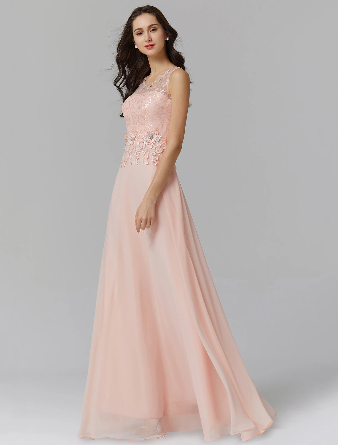 A-Line Empire Dress Valentine's Day Wedding Guest Floor Length Sleeveless Illusion Neck Bridesmaid Dress Chiffon with Beading Appliques