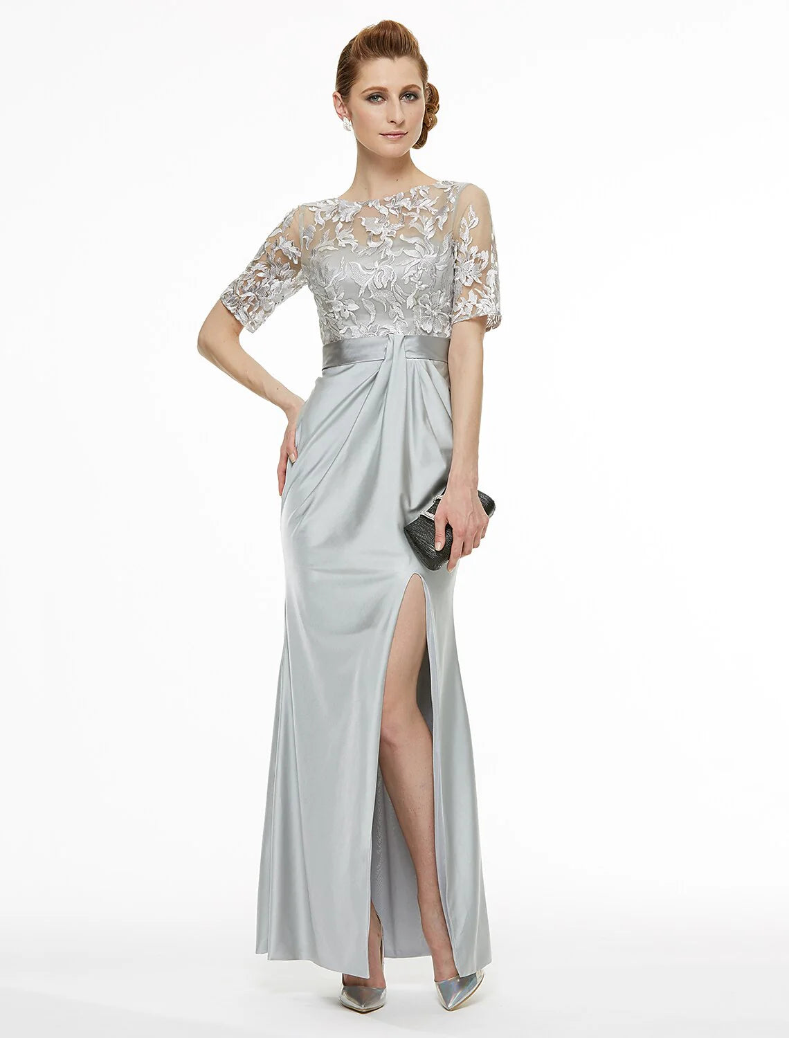 Sheath / Column Bateau Neck Ankle Length Lace / Jersey Mother of the Bride Dress with Lace / Pleats