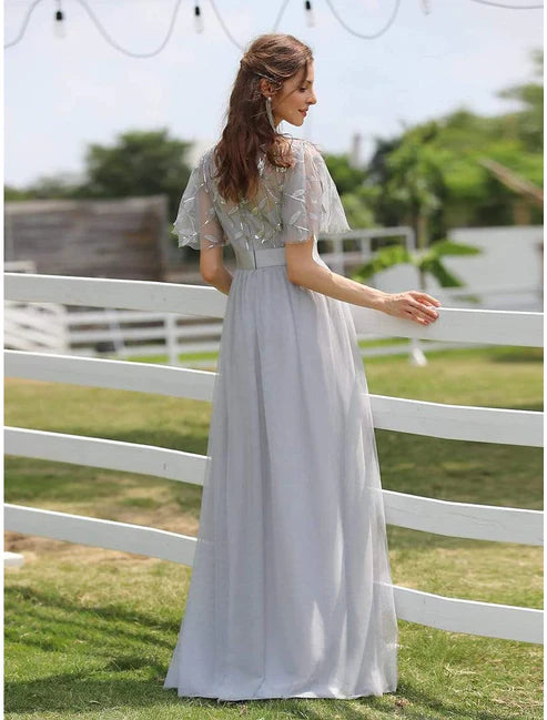 A-Line Elegant Party Wear Prom Dress Jewel Neck Short Sleeve Floor Length Tulle with Embroidery / Illusion Sleeve