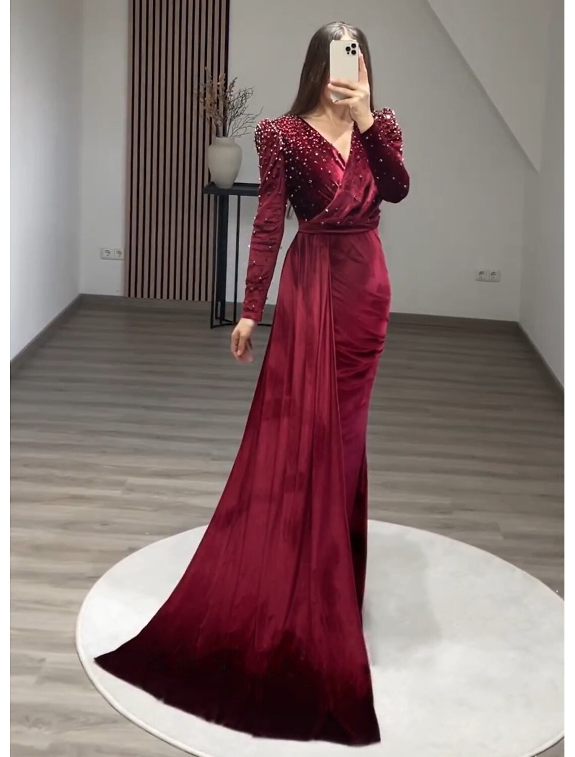 Sheath Mermaid Burgundy  Floor Length Party Dress Long Sleeve V Neck Ruched Wedding Guest Velvet with Beads