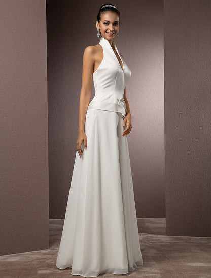 Sheath / Column Halter Sleeveless Floor Length Satin Bridal Gowns With Sash / Ribbon Wedding Dresses