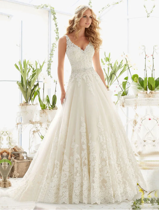 Charming Engagement Open Back Sexy Formal Wedding Dresses A-Line V Neck Sleeveless Court Train Lace Bridal Gowns