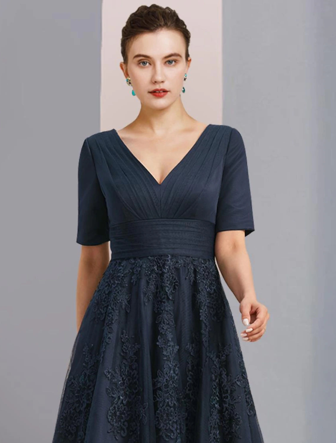 A-Line Mother of the Bride Dress Formal Wedding Guest Elegant Vintage V Neck Ankle Length Chiffon Lace Short Sleeve with Pleats Ruched Appliques