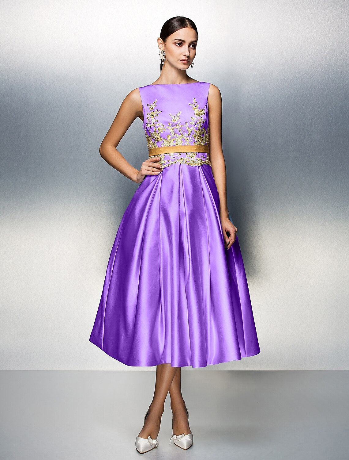 A-Line Cocktail Dresses Elegant Dress Wedding Guest Prom Tea Length Sleeveless Jewel Neck Satin V Back with Pleats Appliques