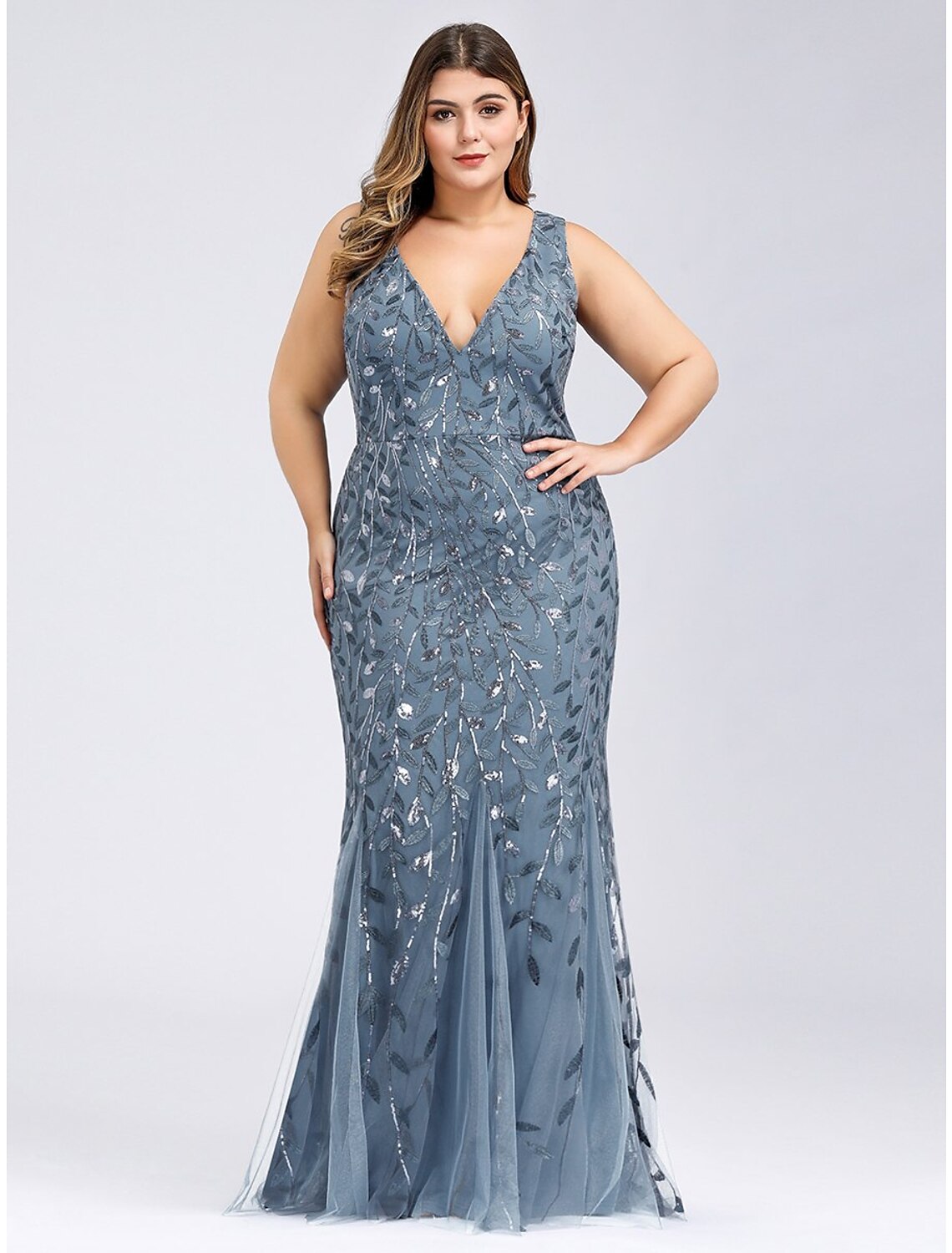 Mermaid / Trumpet Plus Size Sexy Prom Formal Evening Dress V Neck Sleeveless Floor Length Tulle with Appliques