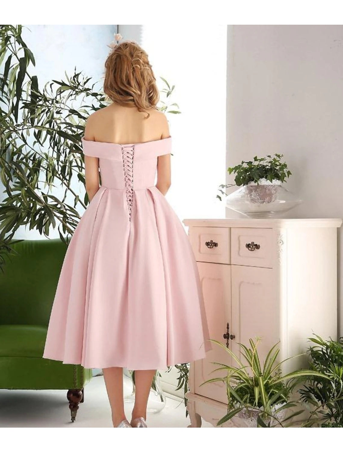 A-Line Cocktail Dresses Vintage Dress Engagement Cocktail Party Tea Length Sleeveless Off Shoulder Stretch Fabric with Pleats