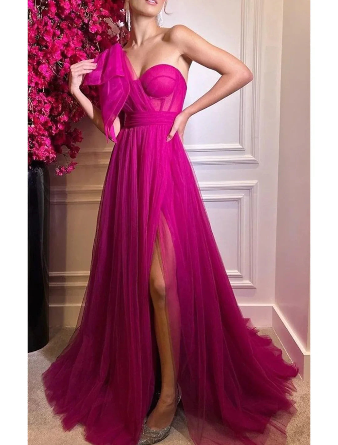 A-Line Evening Dresses Sexy Dress Wedding Party Birthday Court Train Sleeveless One Shoulder Tulle