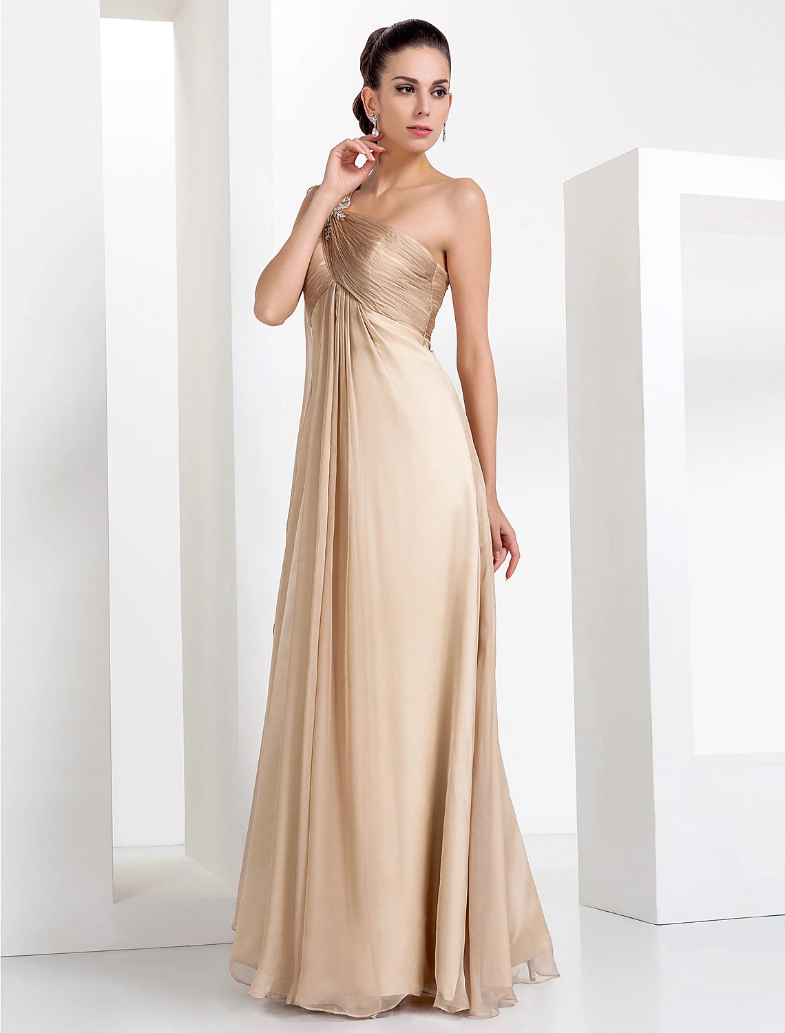 Sheath / Column Elegant Formal Evening Black Tie Gala Dress One Shoulder Sleeveless Floor Length Chiffon with Criss Cross Crystals