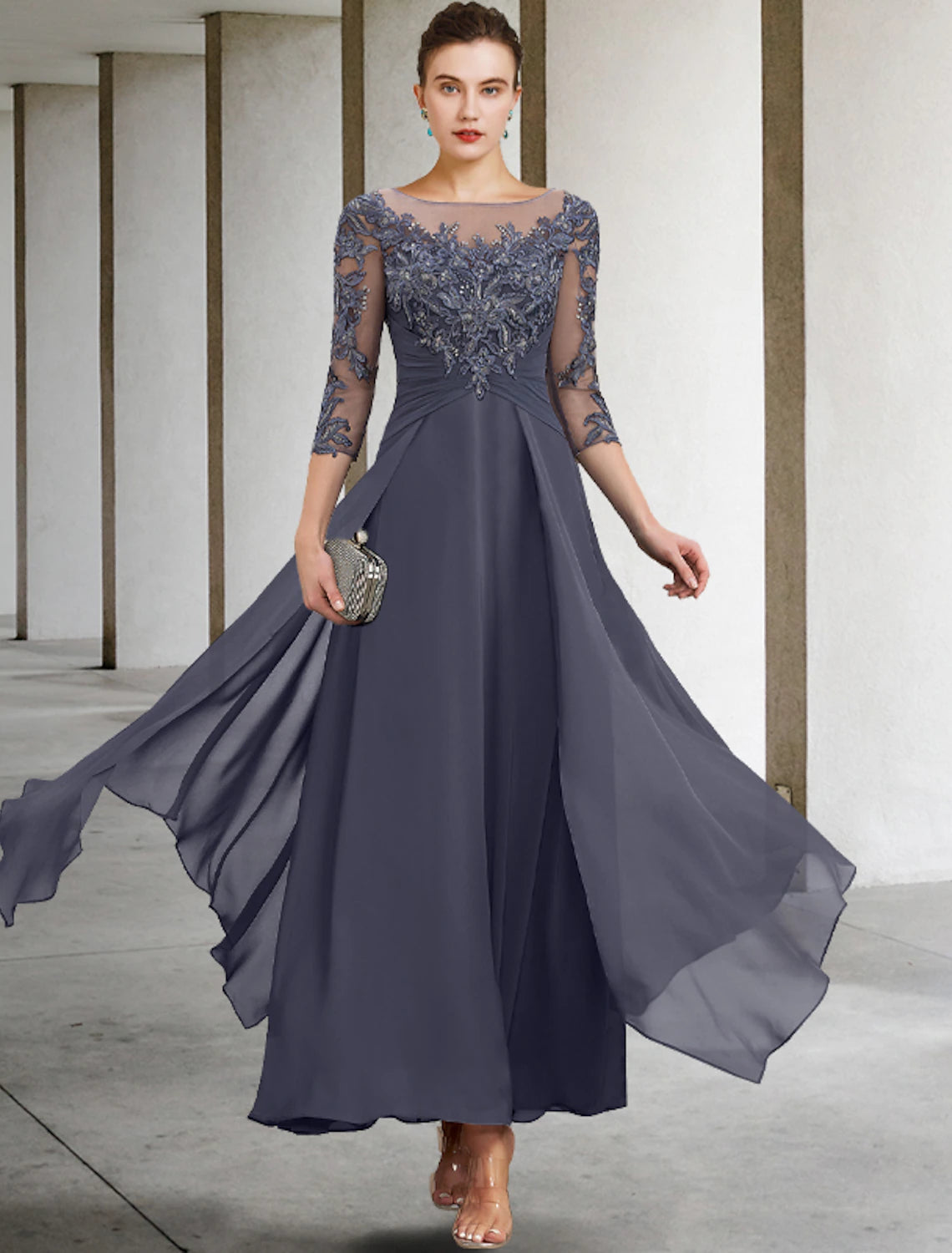 A-Line Mother of the Bride Dress Wedding Guest Elegant Plus Size Jewel Neck Ankle Length Chiffon Lace 3/4 Length Sleeve with Ruched Sequin Appliques