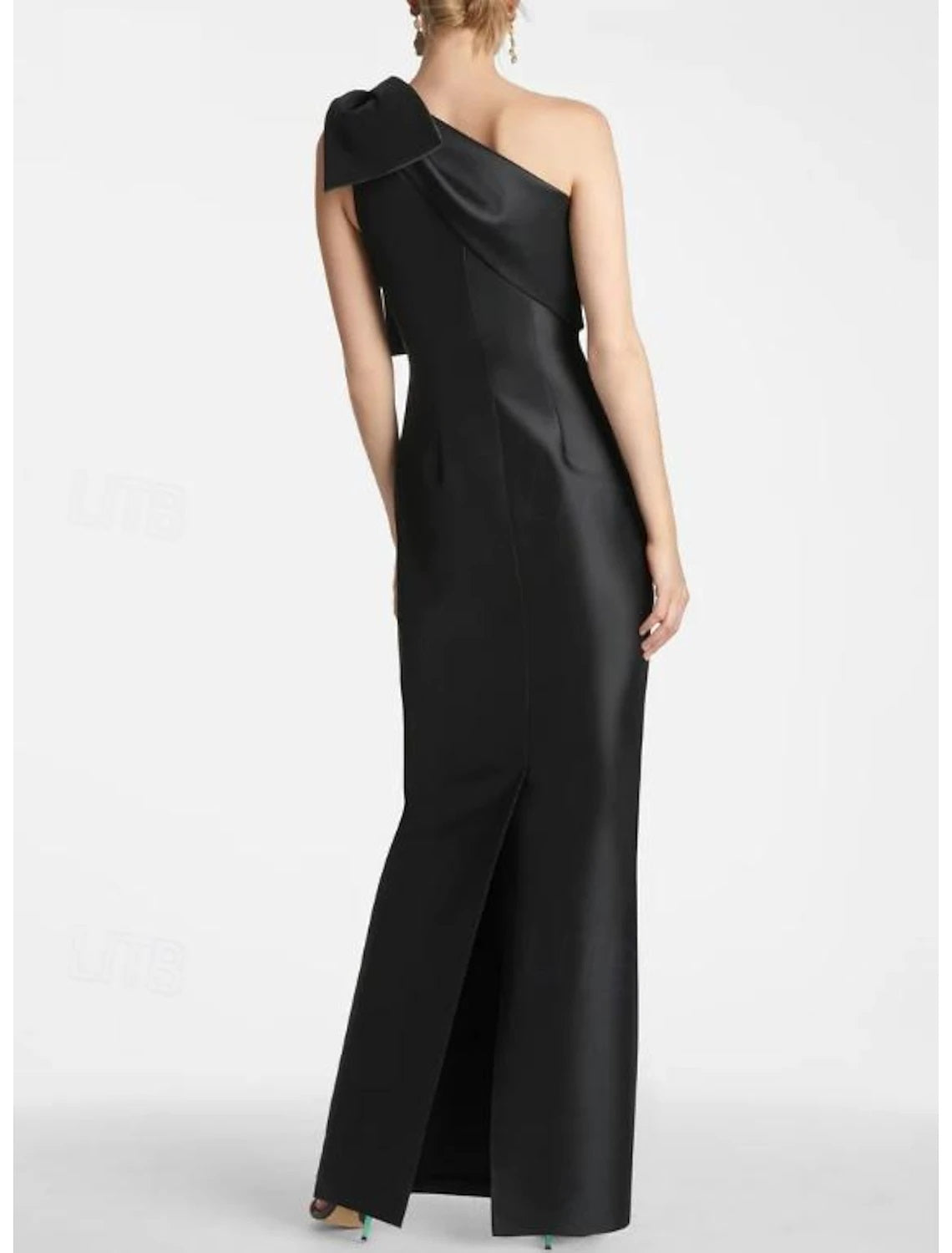Sheath Mermaid Sleeveless Evening Gown One Shoulder Ankle Length Satin Party Dress With Bow Slit