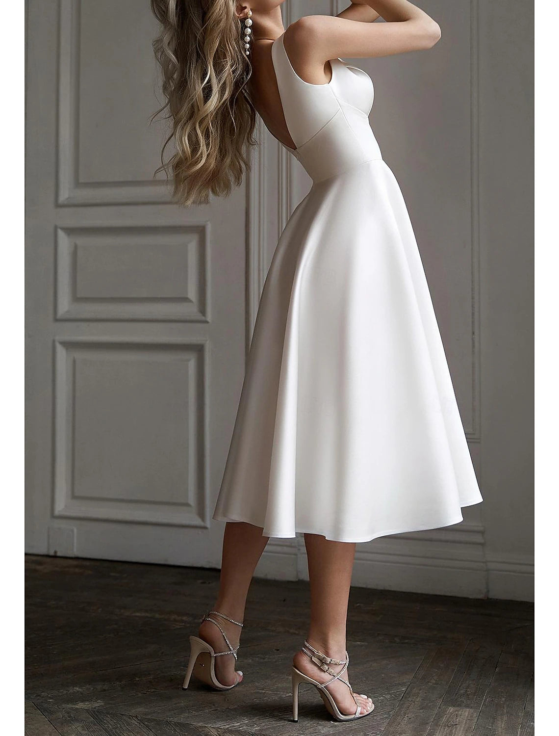 A-Line V Neck Satin V Back Little White Dress Cocktail Dresses Graduation Dress Elegant Wedding Guest Dress Tea Length Sleeveless