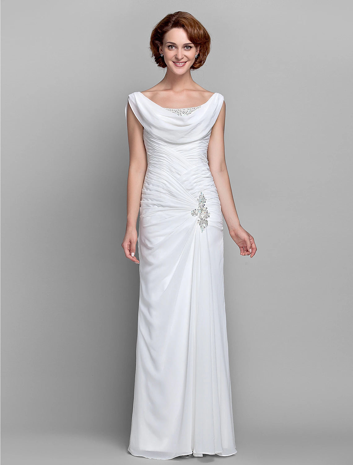 Sheath / Column Mother of the Bride Dress Wedding Guest Vintage Inspired Cowl Neck Floor Length Chiffon Sleeveless with Buttons Criss Cross Crystals