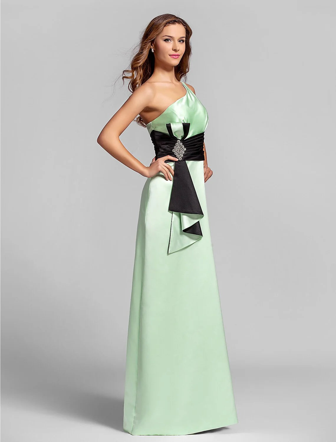 A-Line Elegent One Shoulder Floor Length Satin Bridesmaid Dress with Crystal Brooch