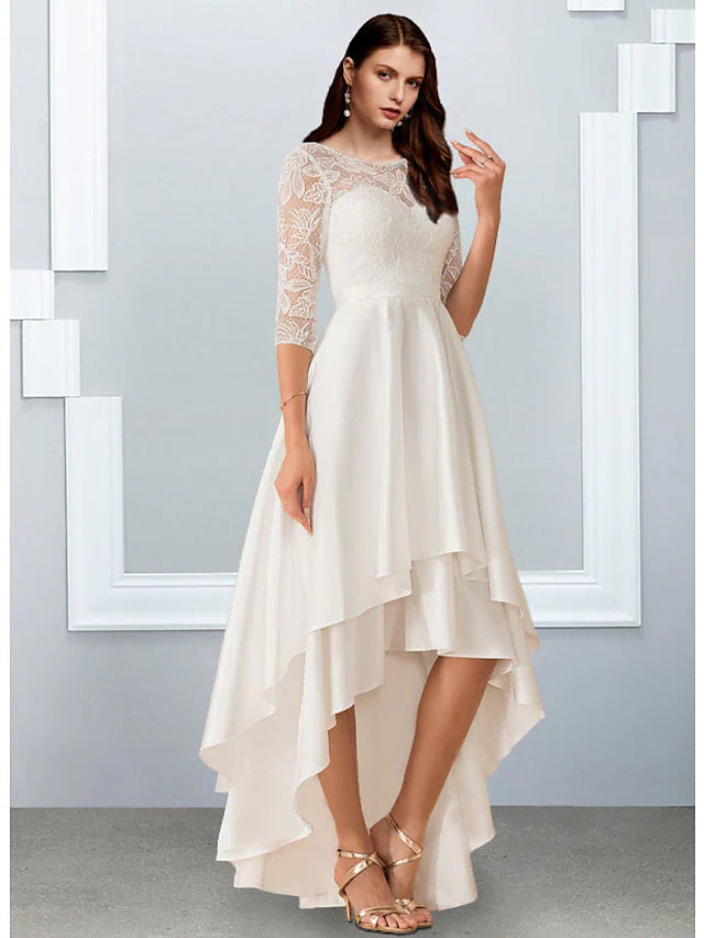 Little White Dresses Wedding Dresses Asymmetrical A-Line Half Sleeve Illusion Neck Chiffon With Cascading Ruffles