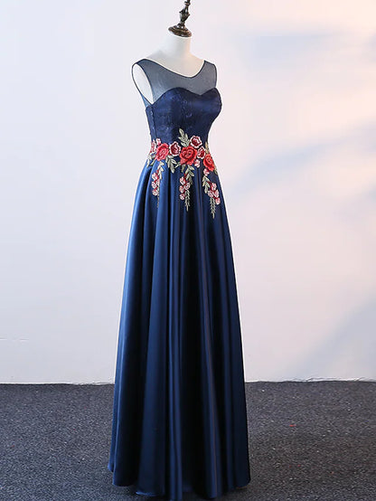 A-Line Evening Gown Elegant Dress Prom Floor Length Sleeveless Jewel Neck Satin with Embroidery Appliques  1 review $74.99