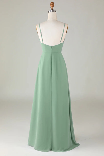 V Neck Spaghetti Straps Long Bridesmaid Dress with Ruffles