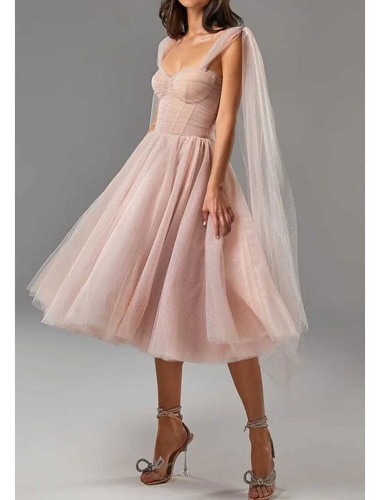 Ball Gown Cocktail Dresses Corsets Dress Graduation Tea Length Sleeveless Square Neck Tulle with Glitter