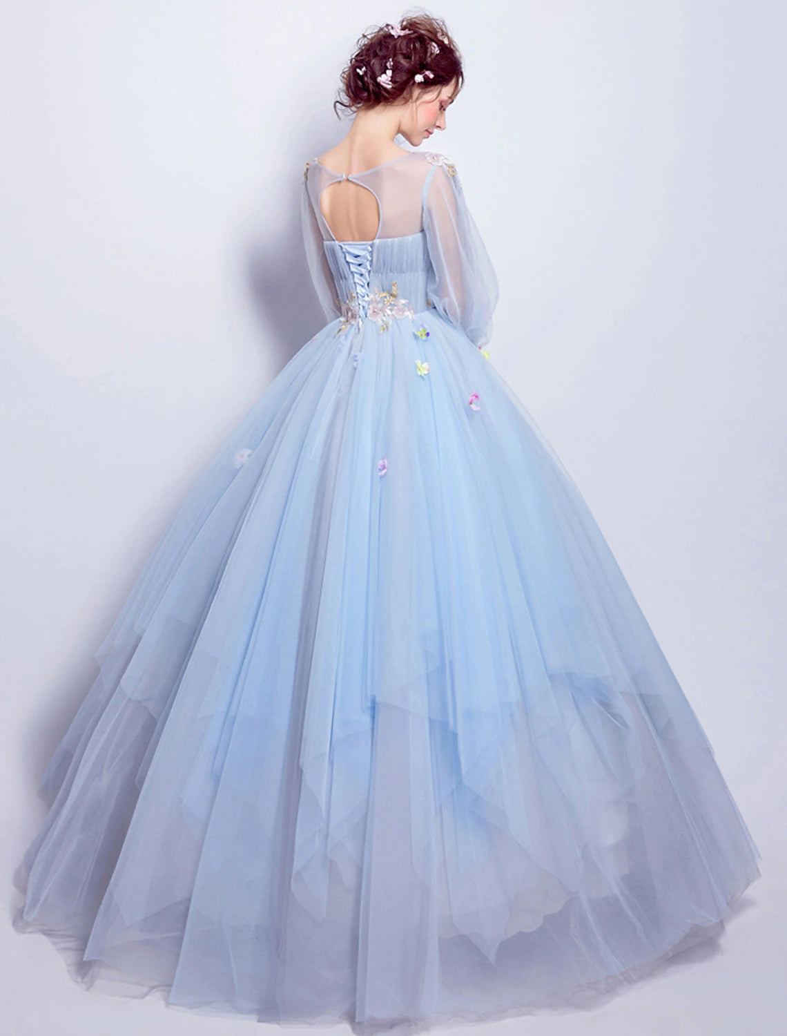 Ball Gown Prom Dresses Elegant Dress Quinceanera Floor Length 3/4 Length Sleeve Illusion Neck Tulle with Pleats Appliques