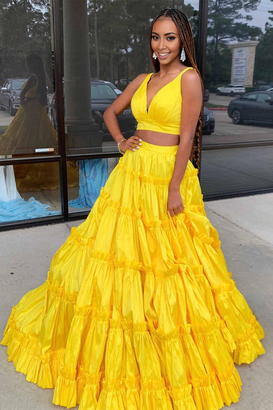 A-Line Two Pieces Spaghetti Straps V Neck Open Back Ruffle Prom Dress Sexy