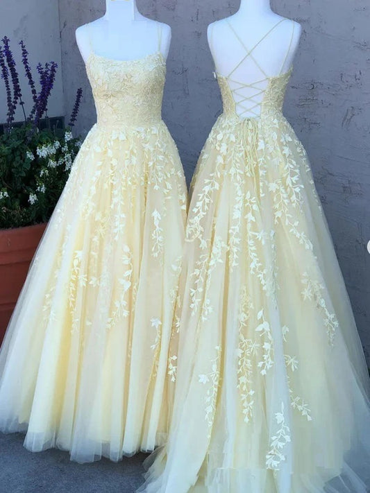 Spaghetti Straps V Neck Lace Long Prom Dress Yellow Tulle Lace Formal Dress With Appliques